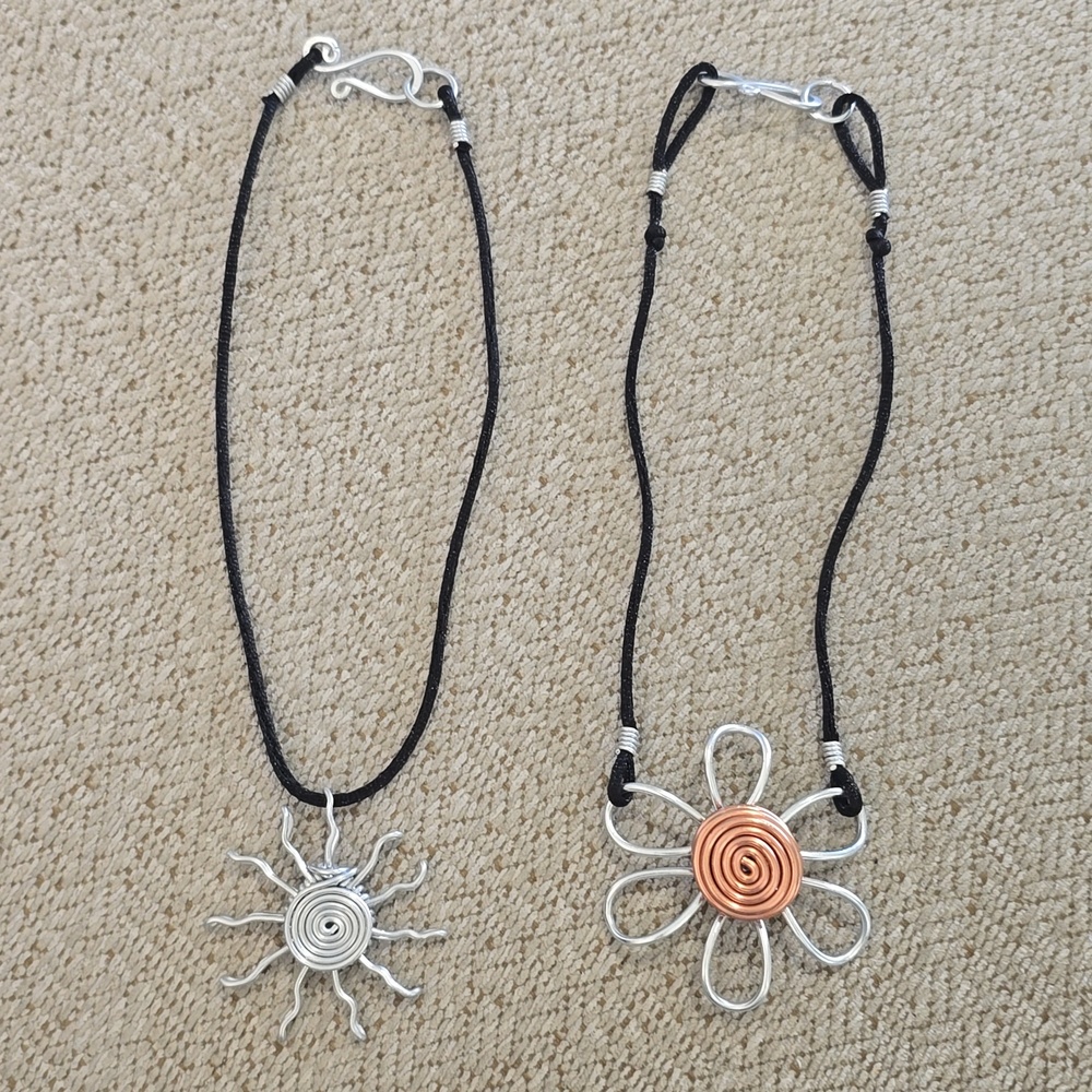 Handmade Silver & Copper Flower And Sun Pendant Necklaces